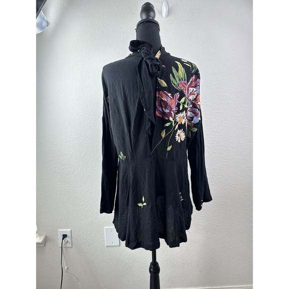Free People Gemma Black Embroidered Floral Tie Open Back Tunic Mini Dress Sz M - Picture 7 of 8